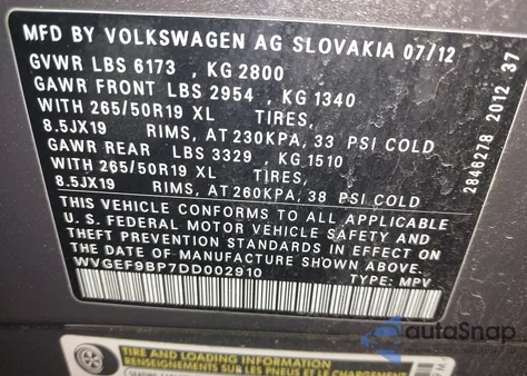 2013 Volkswagen Touareg Vr6 Lux z USA, uszkodzony, nr VIN WVGEF9BP7DD002910